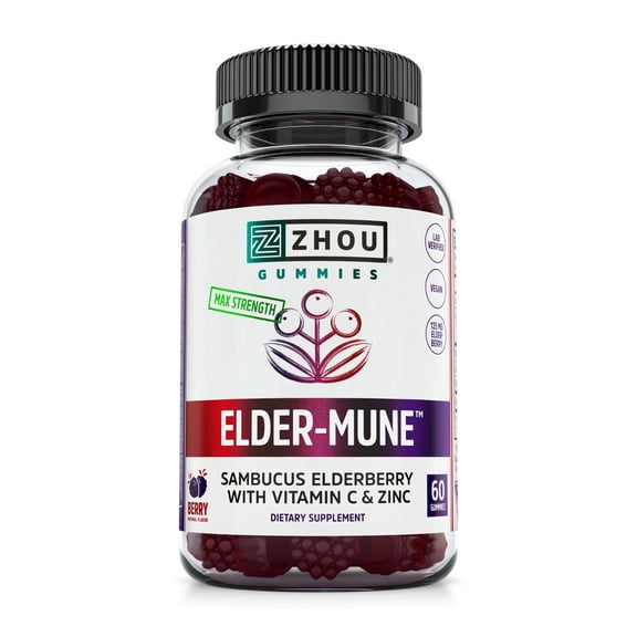 Zhou Elder-Mune Sambucus Elderberry Gummies | Antioxidant Flavonoids, Immune Support, Zinc & Vitamin C Supplement | 30 Servings, 60 Gummies
