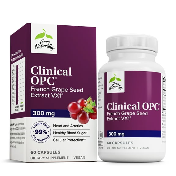 Terry Naturally Clinical OPC 300 mg - 60 Vegan Capsules - French Grape Seed Extract Supplement, Supports Heart & Immune Health, Antioxidant - Non-GMO, Gluten-Free, Kosher - 60 Servings