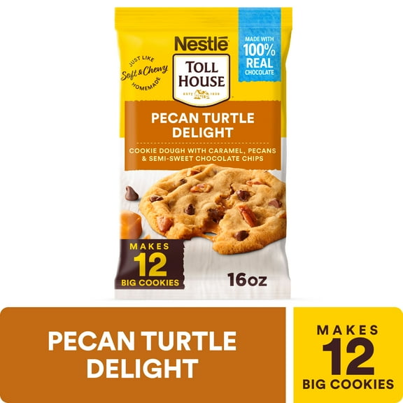 Nestle Toll House Ready to Bake Pecan Turtle Delight Cookie Dough for Holiday Baking, Makes 12 Cookies, 16 oz