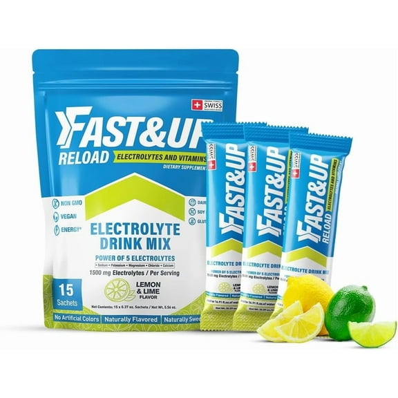 FAST&UP Reload – Lemon & Lime - Refreshing Electrolyte Drink Mix | Hydration Powder Packets | 1500 mg Electrolytes   Vitamins C & B12 | Easy to Open Single Serving Pack | 15 Servings