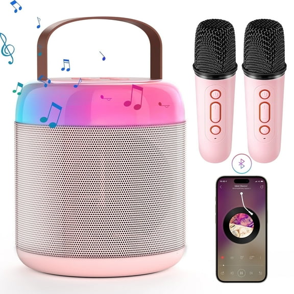 Mini Karaoke Machine with 2 Wireless Microphones, Portable Karaoke Singing System with LED Lights, Ideal Gifts for Home Party(Pink)