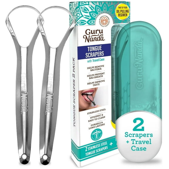 GuruNanda Tongue Scraper & Cleaner, Fights Bad Breath, Stainless Steel, 2 Pack
