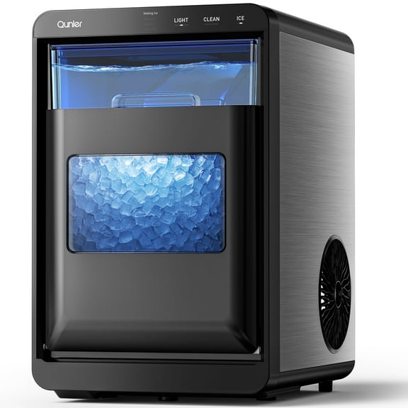 Qunler Nugget Ice Maker Countertop, 44lbs per Day Chewable Pebble Nugget Ice Machine with Touch Screen for Home, Kitchen, Office, Stainless Steel, Black