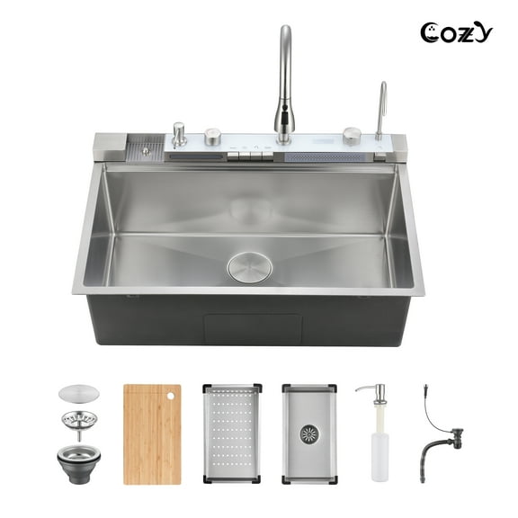 33″×22″ Stainless Steel Single Bowl Kitchen Sink, Brushed Waterfall Workstation with Flying-Rain Faucet, Sprayhead, Cup Washer, 1 pack, SS-BR06-332212
