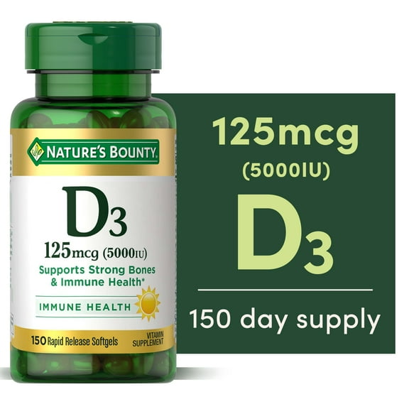 Nature's Bounty Vitamin D3 125 mcg 5000 IU Softgels, Immune & Bone Health Support, High Potency Supplement, 150 Count