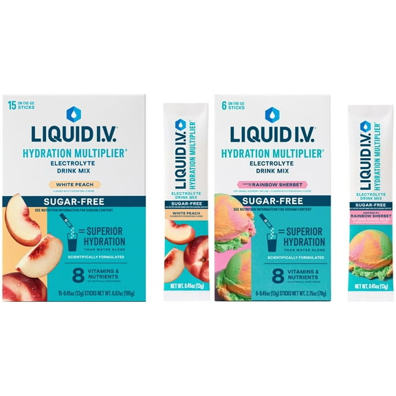 Liquid I.V.® White Peach   Rainbow Sherbet Sugar Free Hydration Multiplier® Combo Pack, 15 Count   6 Count Packets, 2 Pack