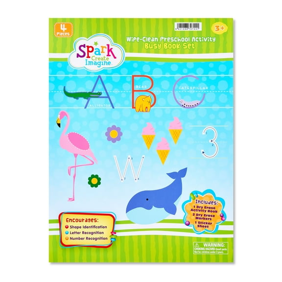 Spark Create Imagine Wipe Clean Preschool Activity Busy Book Set, with Whiteboard Marker