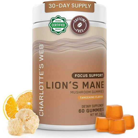 Charlotte's Web Focus Support Mushroom Gummies for Focus and Energy w/Lion’s Mane, Natural Cognitive Support Lions Mane Gummies for Adults — Tangerine Flavor (30 Servings)