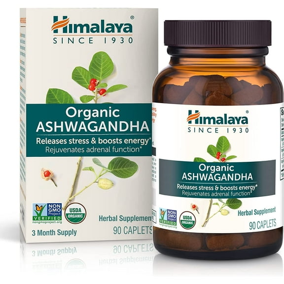 Himalaya Organic Ashwagandha Root for Stress, Energy and Adrenal Support, 670 mg, 90 Caplets