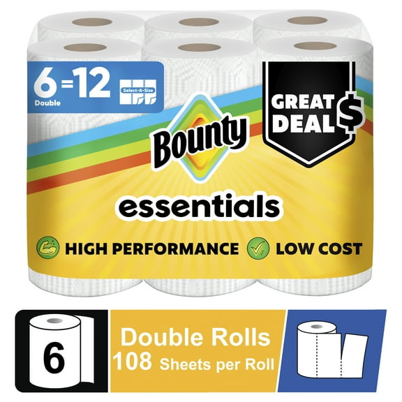 Bounty Essentials Select-A-Size Paper Towels, 6 Double Rolls, White, 108 Sheets Per Roll