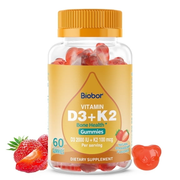 Biobor Natural Vitamin D3   K2 2000 IU Gummies - Strawberry Flavor, Dietary Supplement, 60 Count