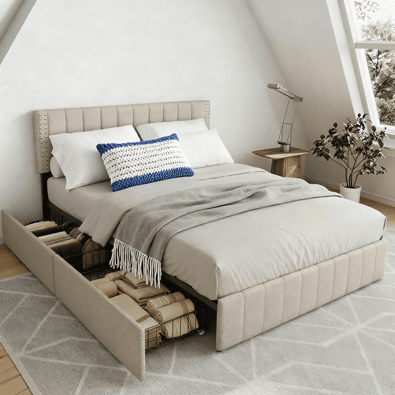 Lofka Bed Frame Queen Size with Adjustable Headboard, Platform Bed with 4 Storage Drawers, 880lbs,Beige