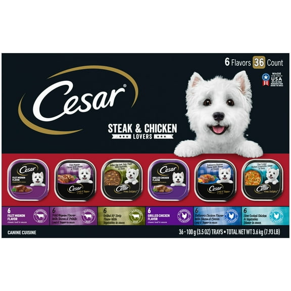Cesar Steak And Chicken Lovers Wet Dog Food Variety Pack, 3.5 Oz Trays (36 Pack)