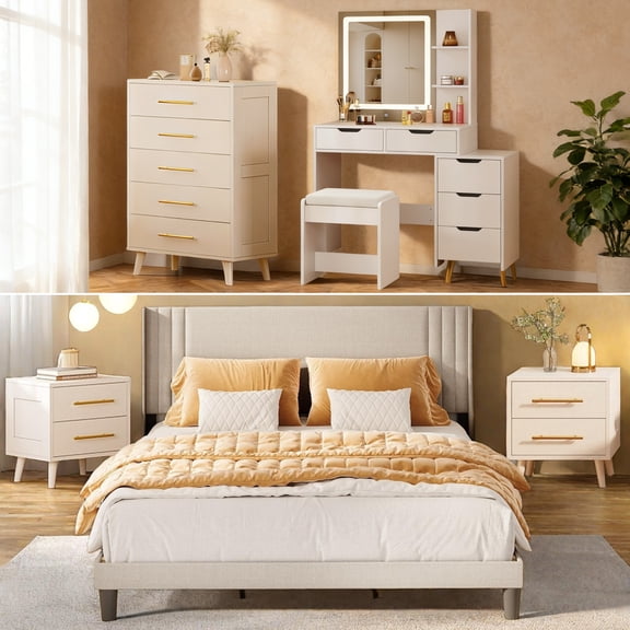 Bedroom Furniture Set - Includes Queen Bed Frame, Nightstands Set of 2, 5-Drawer Dresser & Vanity Desk - Modern Storage Solution for Stylish Home Decor, Beige/White