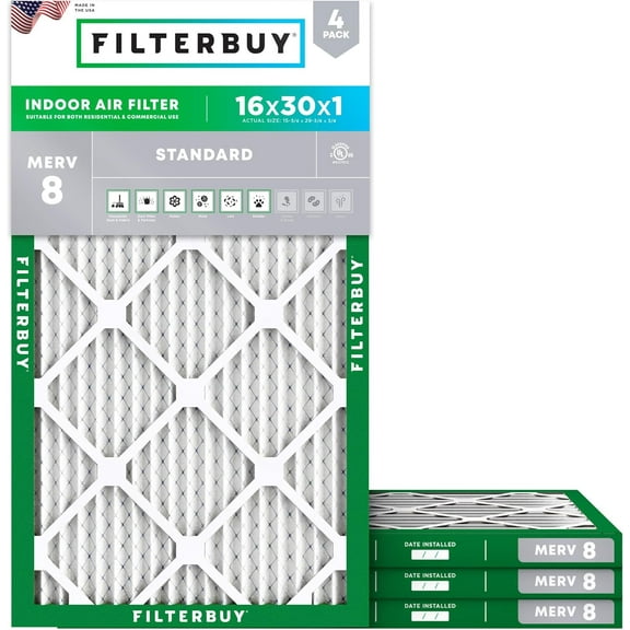 Filterbuy 16x30x1 MERV 8 Dust Defense, Pleated HVAC AC Furnace Air Filters (4-Pack)