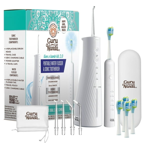 GuruNanda Lion & Lamb Kit 2.0 Electric Toothbrush with Water Flosser, 4 Jet Tips, 4 Brush Heads, White