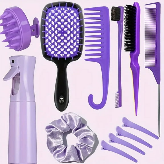12pcs/set Hair Styling Comb Set - Detangling Brush for All Hair Types - Teasing Rat Tail Comb - Silicone Scalp Massager - Shampoo Brush - Hairdressing Spray Bottle