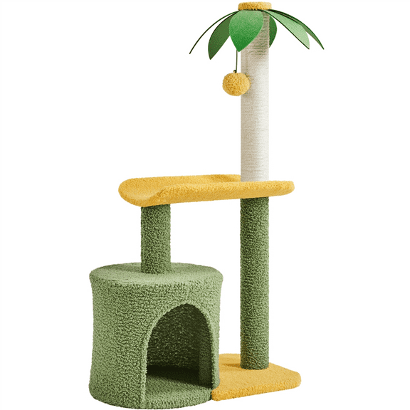 Yaheetech 37.1" Tall Coconut Palm Cat Tree with Large Condo and Scratching Post, Green/Yellow