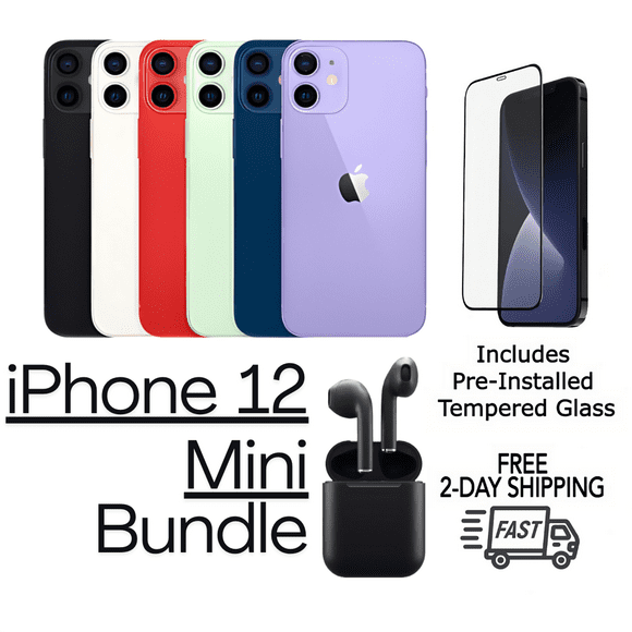 Restored Apple iPhone 12 Mini (Fully Unlocked) 64GB Blue (A2176) Bundle with Pre-Installed Tempered Glass and Bluetooth Earbuds (Refurbished)