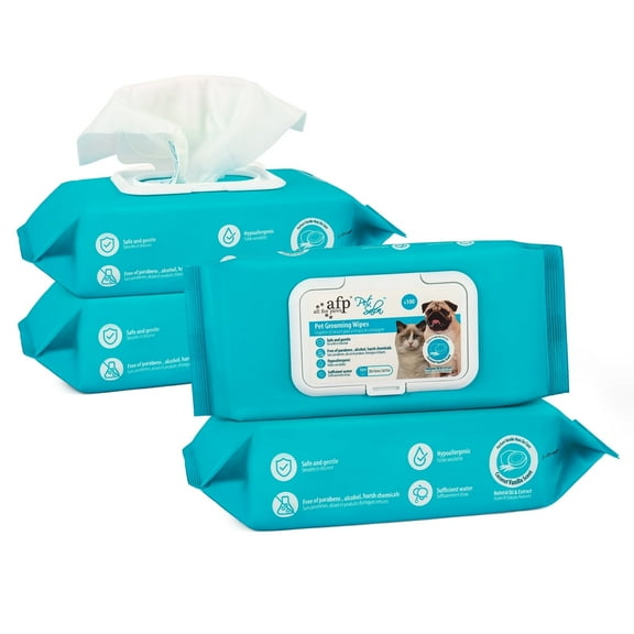 All For Paws Natural Pet Wipes for Dogs & Cats, 4 x 100cts, Coconut Vanilla Scent- Deodorizing Dog Grooming Wipes, Large Cat Cleaning Wipes