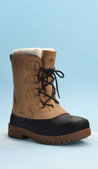 A single lace-up tan snow boot with genuine cow leather upper and rubber bottom with removable lining is shown.
