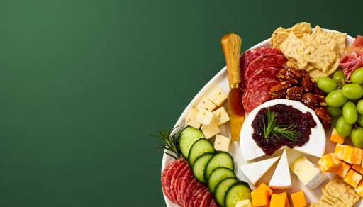 A tray of sliced meats, cubed cheeses, a wheel of brie topped with jam, crackers, cucumber slices, and grapes on a dark green background.