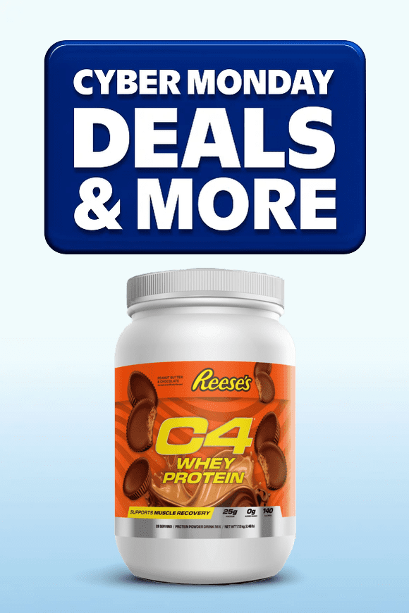 Image shows a white container of Cellucor Reese's C4 whey protein powder on a light blue background.