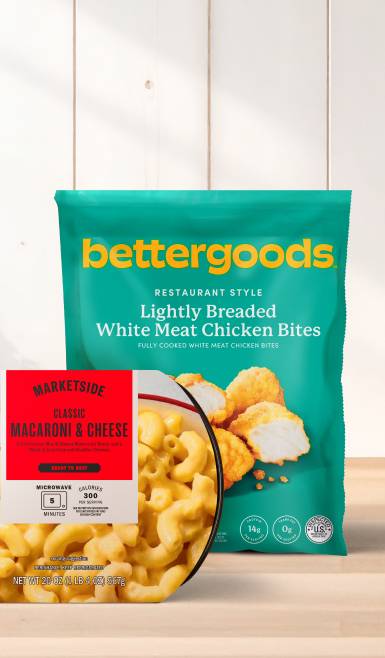 A package of Marketside macaroni and cheese and package of bettergoods frozen chicken tenders are visible.