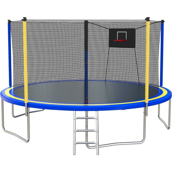 14FT Trampoline with Enclosure for Kids and Adults, SEGMART Upgraded Kids Recreational Outdoor Trampoline with Basketball Hoop, Ladder, Heavy Duty Round Backyard Trampoline for Indoor Outdoor