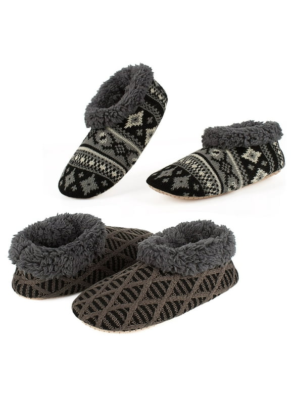 2-Pair Men's Slipper Socks Non-Slip Gripper Soles, Soft Fluffy Sherpa Winter House Shoes Indoor, Knit Bedroom Comfy Fuzzy Socks, Warm Cozy Gifts for Dad Grandpa Boyfriend, Size 12-13