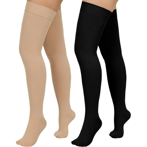 2 Pair Wukang 20-32mmHg Thigh High Compression Stocking Closed Toe Compression Socks for Women & Men(Beige+Black)