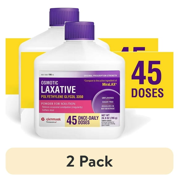 (2 pack) Glenmark Therapeutics Polyethylene Glycol 3350 Powder (Compare to MiraLAX), Osmotic Laxative, Softens Stool, Relieves Occasional Constipation, Powder for Solution, 26.9 Ounce