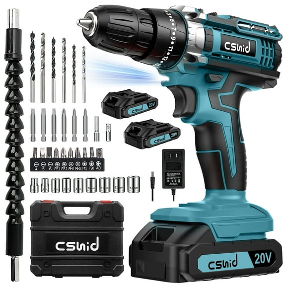 Cshidworld 20V Cordless Power Drill Set, Drill Kit with 2 Lithium-Ion & Charger, 3/8" Keyless Chuck, Electric Drill W/ 2 Variable Speed & LED Light, 25+1 Position and 34pcs Drill/Driver Bits(Blue)