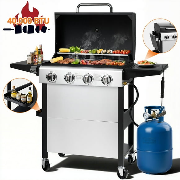 4-Burner Gas Grill with 4 Universal Wheels & Bottle Opener, 40000BTU Outdoor Grill with Side Table for Camping, Black & Sliver