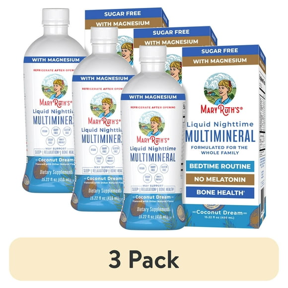 (3 pack) MaryRuth's Nighttime Liquid Multimineral, Coconut, 15.22 oz., Sugar Free Calm Magnesium Citrate NO Melatonin Calcium Magnesium Zinc, Vegan, 15 Servings