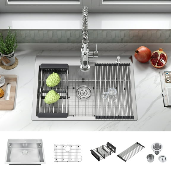 30''L x 22''W Drop in Single Bowl Kitchen Sink Scratch-Resistant Nano Finish With Bottom Grid