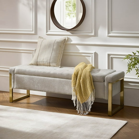 55" Upholstered Bench with Storage End of Bed Bench Entryway Bedroom Beige
