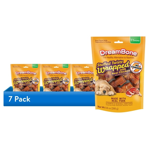 (7 pack) DreamBone Stuffed Twists Rawhide-Free Dog Chews with Real Pork Wrapped with Chicken, 7 Count