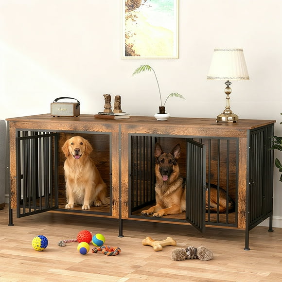 TIME RAY 78 Inch Dog Crate Furniture,Dog Cage Furniture with Removable Divider and 4 Doors,Wooden Dog Crate for 2 Large/Medium Dogs,Brown