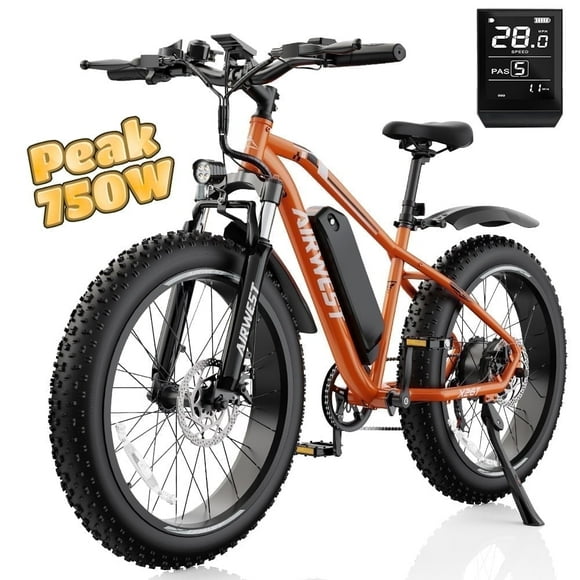 AIRWEST Men's Electric Mountain Bike, 26″ Fat Tire Electric Bike, Peak 750W Motor 48V 13Ah Removable Battery, 7-Speed, All-Terrain E-Bike, Max Speed 25MPH (40KMH), UL2849