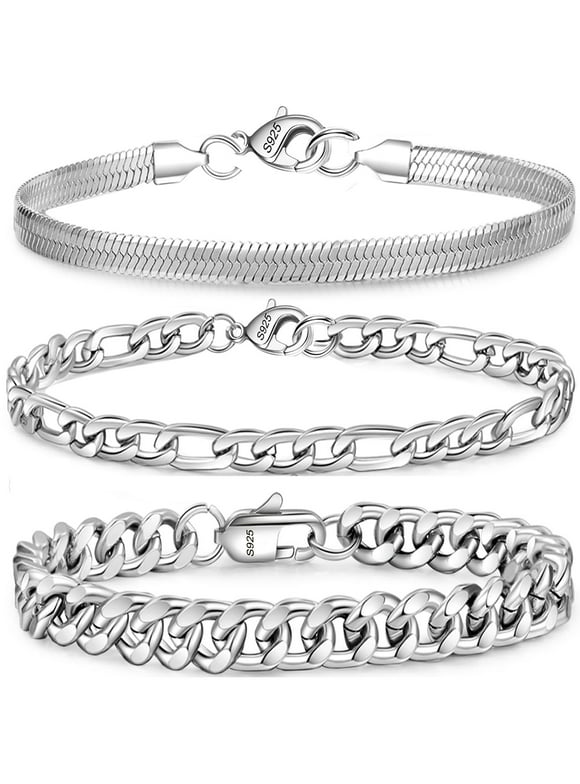 3 Pcs Sterling Silver Bracelets for Men Women Boys Charm Cuban Figaro Herringbone Chain Bracelets Set Birthday Christmas Jewelry Gifts Teen Dad Adult Stocking Stuffers Kids 6.5/7/7.5/8.3/9 Inch