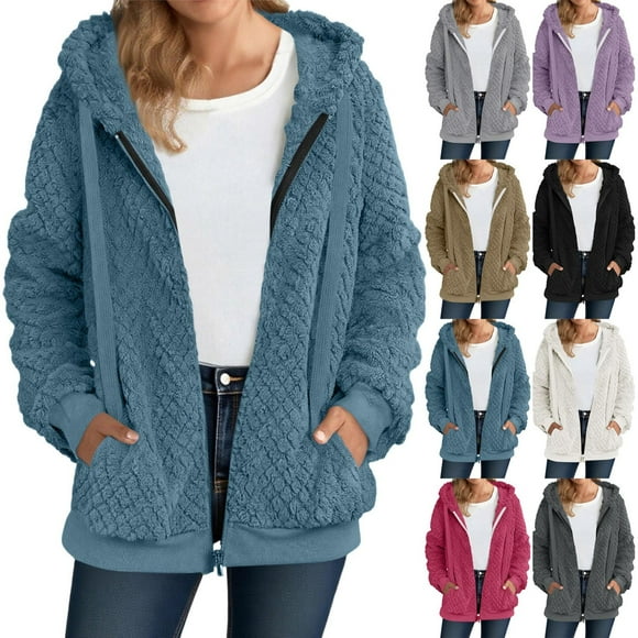 Admvng Winter Coats for Women Plush Fleece Long Sleeve Zip Hooded Jacket Casual Warm Outerwear, Size S-2XL