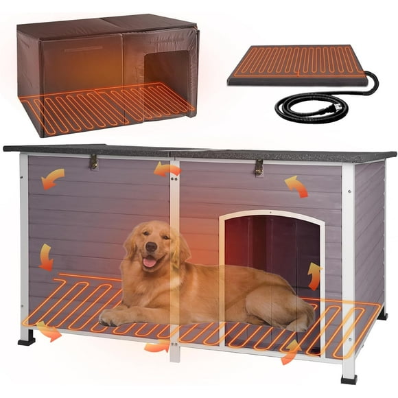 Aivituvin Heated Insulated Dog House Wooden Outdoor Dog Kennel for Winter 59" Extra Large