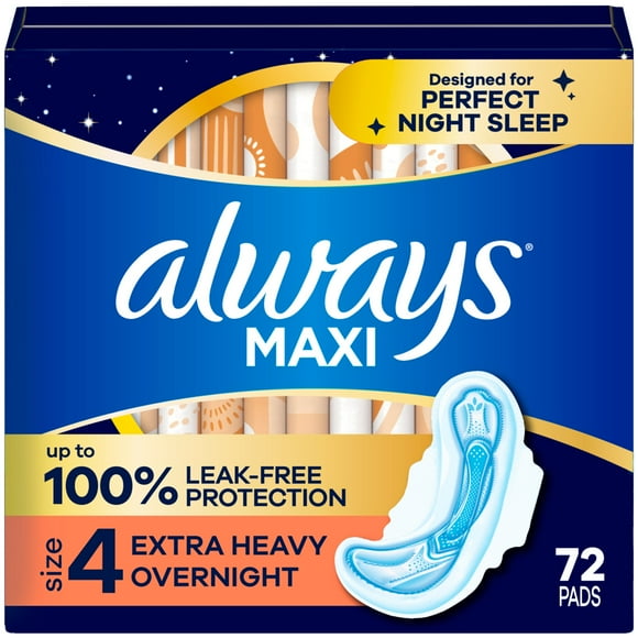 Always Maxi Overnight Pads with Wings for Women, Size 4, Overnight Absorbency, Unscented, 72 Count