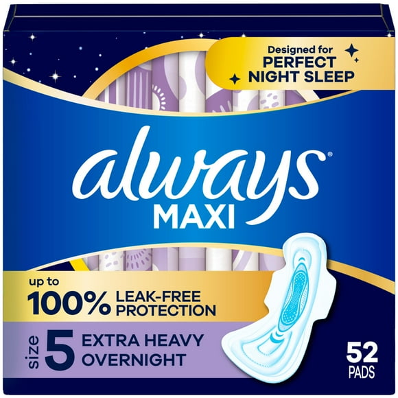Always Maxi Overnight Pads with Wings for Women, Size 5, Extra Heavy Overnight Absorbency, Unscented, 52 Count