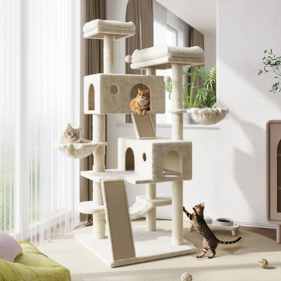 Amolife 65.7" Large Cat Tree and Tower Condo for Indoor Cats with 2 Scratching Boards, Hammock & Post, Beige