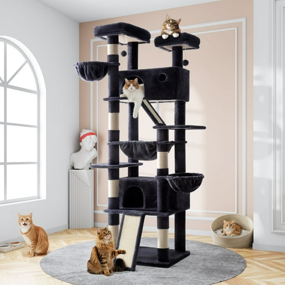 Amolife 81" Large Cat Tree Tower for Large Cats with Cat Condo Hammock, 2 Scratching Ramps, 6 Scratching Posts, Blue