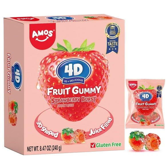 Amos 4D Gummy Strawberry Burst No-Fat Natural Flavored Fruit Snacks Sharing Size 8.47oz