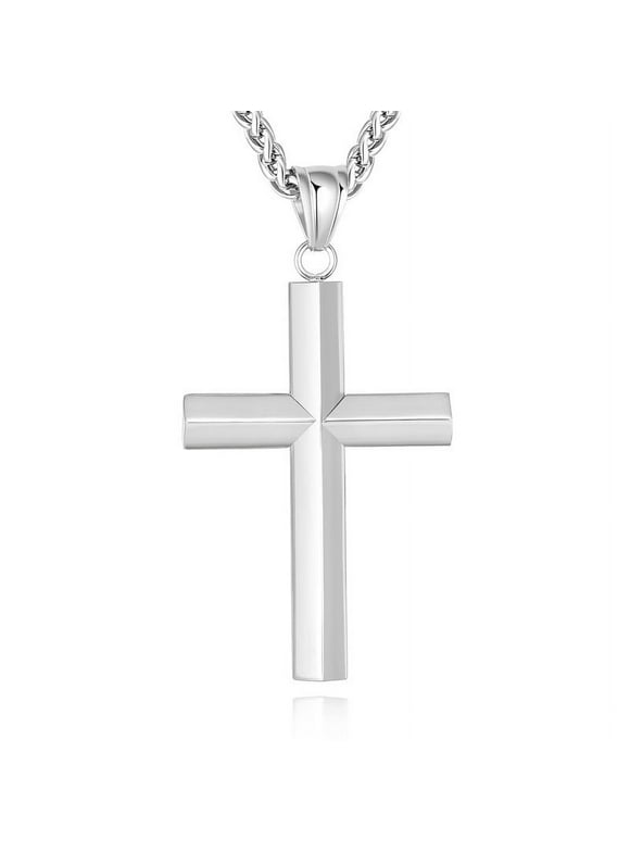 Silver Cross Necklaces for Men Boys Stainless Steel Cross Pendant Chain Catholic Religious Christian Birthday Christmas Jewelry Gifts Dad Teen Adults Stocking Stuffers Kids Age Ideas 20 Inch