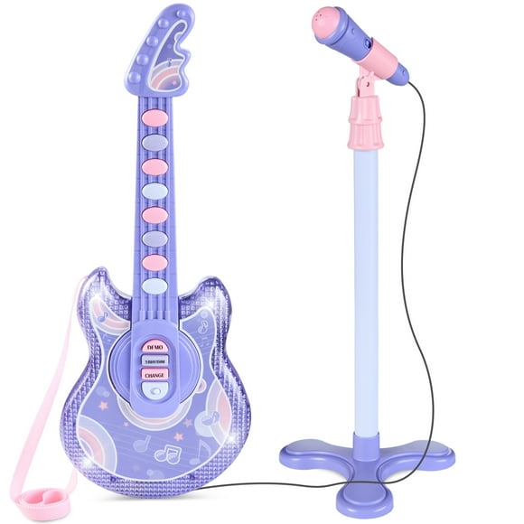 Best Choice Products 19in Kids Flash Guitar, Pretend Play Musical Instrument Toy for Toddlers w/ Mic, Stand - Purple